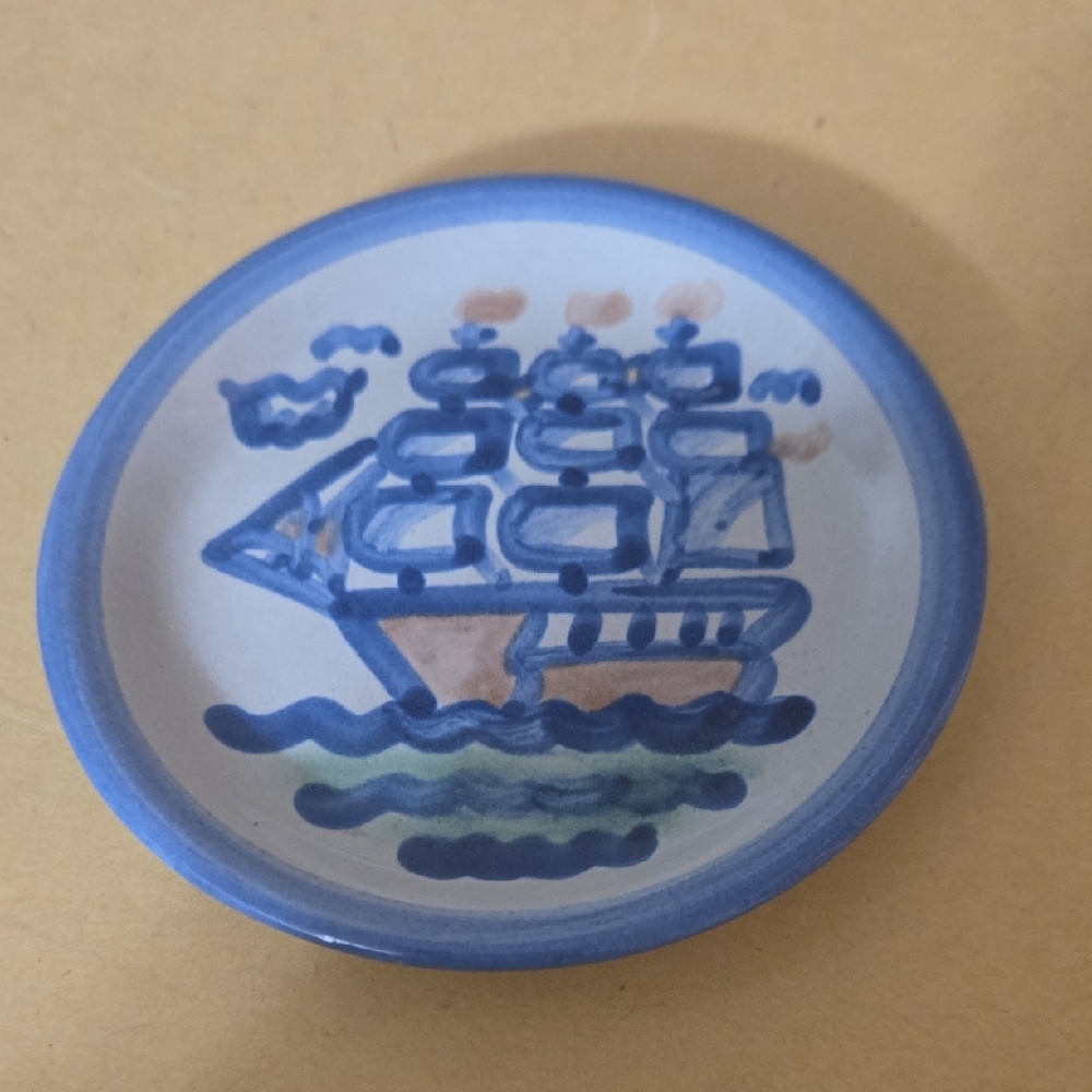 M.A. Hadley Stoneware Hand-Painted Blue Ship Art Mini Plate Coaster 4.25 Inch